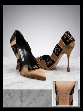Manolo Blahnik Black and Gold Heels